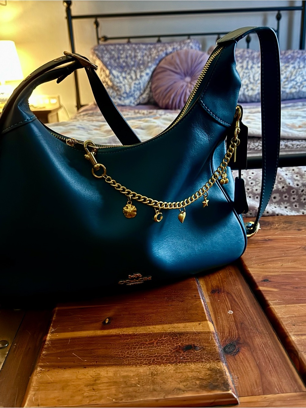 Coach Teal Leather Shoulder Hobo with Gold Charm Chain